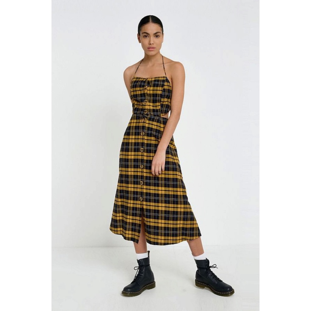 NWT UO Plaid Linen Button-Down Tie Midi Dress - Picture 2 of 3